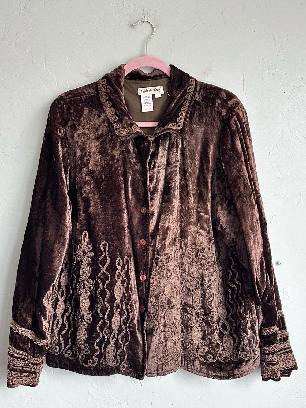 Coldwater Creek Brown Embroidered Crushed Velvet Button Up Shirt Jacket Large